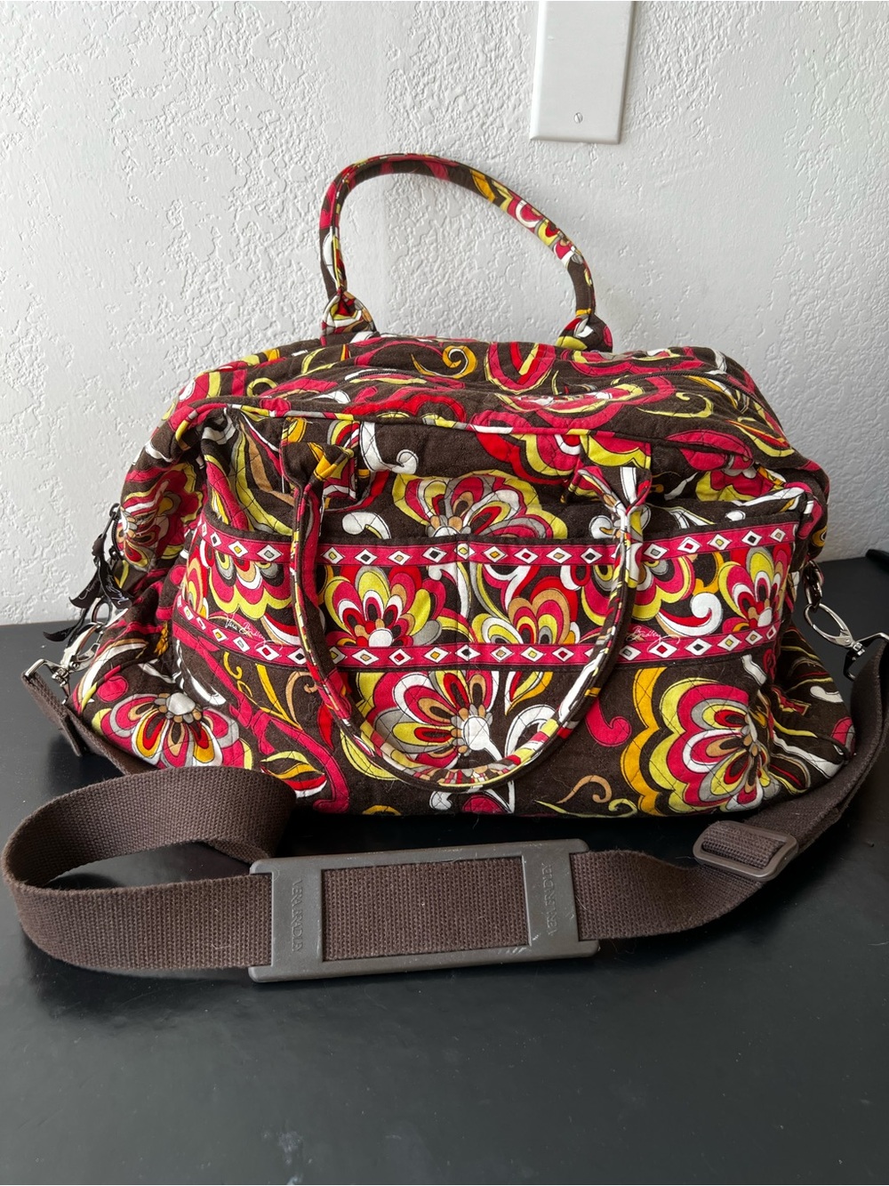 Vera Bradley Puccini Weekender Travel Bag Duffle Brown Red Yellow Quilted
